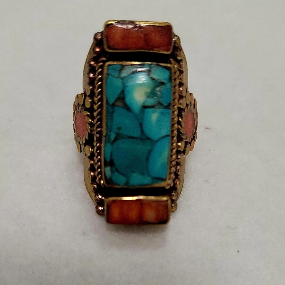 Crushed Coral & Turquoise Inlay Brass Ring - Handmade In Nepal -Vintage, Artisan - Picture 5 of 11